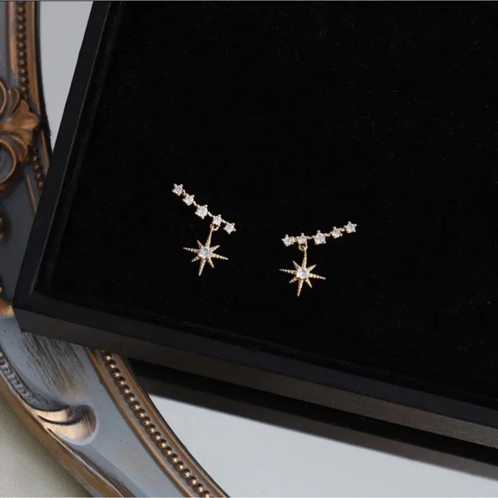 Gold Starburst CZ Drop Earrings‎ Dainty Celestial Earrings New
